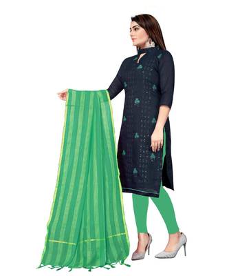 Navy Blue Chanderi Cotton Embroidered Unstitched Dress Material 3