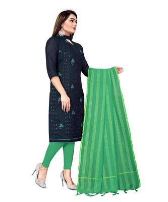 Navy Blue Chanderi Cotton Embroidered Unstitched Dress Material 4