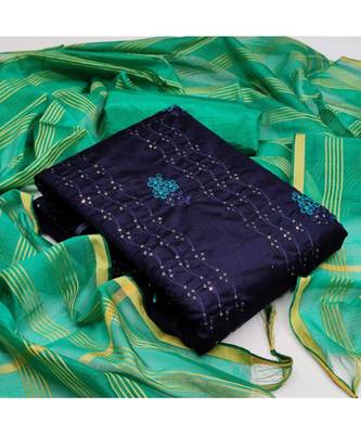Navy Blue Chanderi Cotton Embroidered Unstitched Dress Material 5