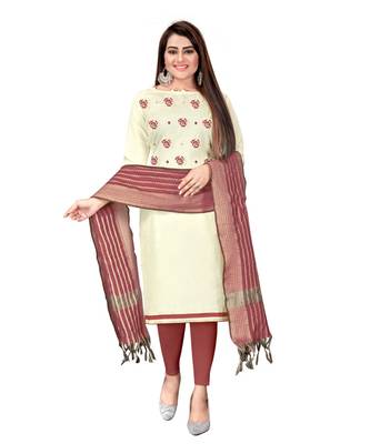 White Slub Cotton Embroidered Unstitched Dress Material 1