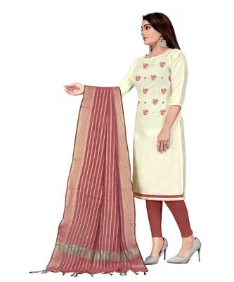 White Slub Cotton Embroidered Unstitched Dress Material 3
