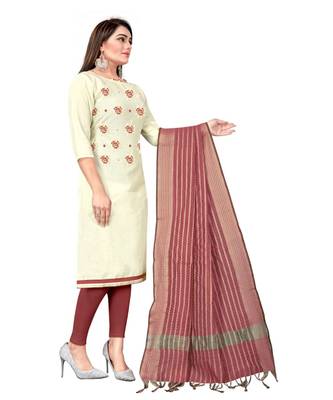 White Slub Cotton Embroidered Unstitched Dress Material 4