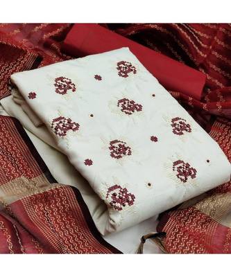 White Slub Cotton Embroidered Unstitched Dress Material 5