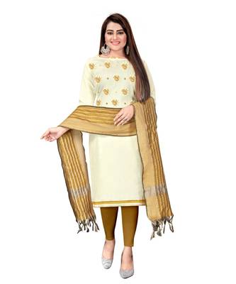 White Slub Cotton Embroidered Unstitched Dress Material 1