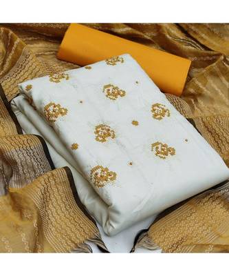 White Slub Cotton Embroidered Unstitched Dress Material 5