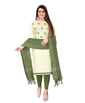 White Slub Cotton Embroidered Unstitched Dress Material 1