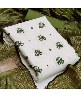 White Slub Cotton Embroidered Unstitched Dress Material 5