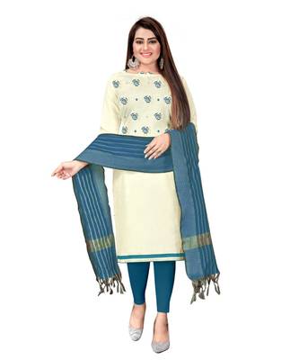White Slub Cotton Embroidered Unstitched Dress Material 1