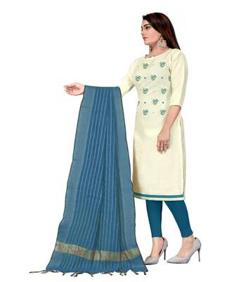 White Slub Cotton Embroidered Unstitched Dress Material 3