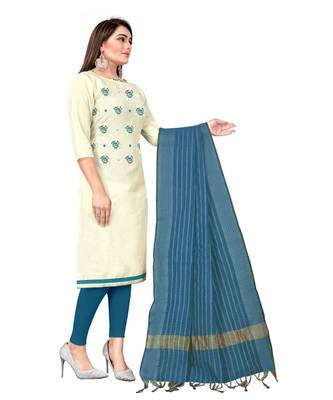 White Slub Cotton Embroidered Unstitched Dress Material 4