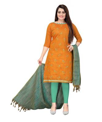 Orange Banarasi Cotton Embroidered Unstitched Dress Material 1