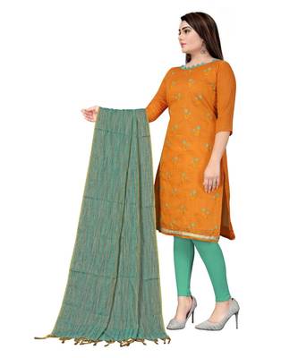 Orange Banarasi Cotton Embroidered Unstitched Dress Material 3