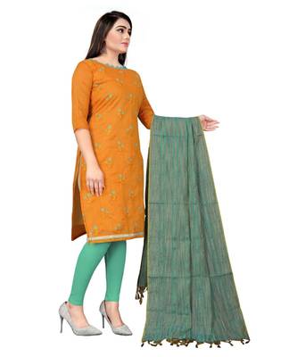 Orange Banarasi Cotton Embroidered Unstitched Dress Material 4