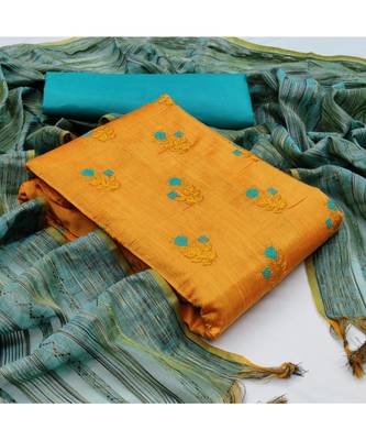 Orange Banarasi Cotton Embroidered Unstitched Dress Material 5
