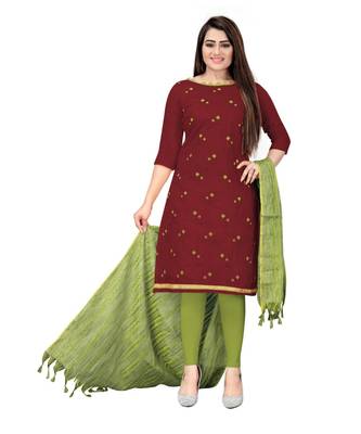 Maroon Banarasi Cotton Embroidered Unstitched Dress Material 1