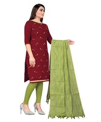 Maroon Banarasi Cotton Embroidered Unstitched Dress Material 4