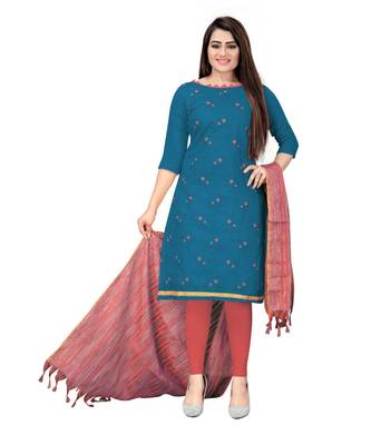 Blue Banarasi Cotton Embroidered Unstitched Dress Material 1