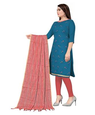 Blue Banarasi Cotton Embroidered Unstitched Dress Material 3