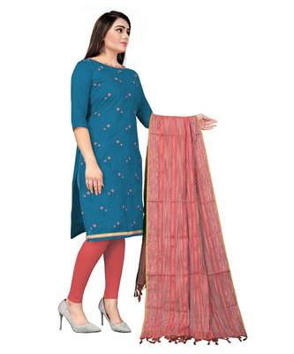 Blue Banarasi Cotton Embroidered Unstitched Dress Material 4