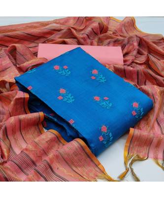 Blue Banarasi Cotton Embroidered Unstitched Dress Material 5
