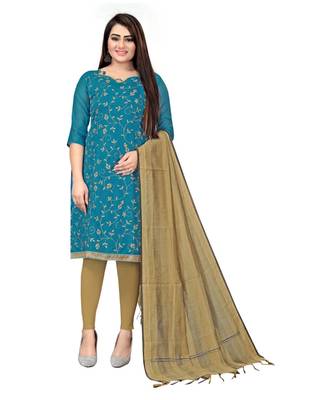 BLue Chanderi Cotton Embroidered Unstitched Dress Material 1