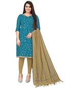 BLue Chanderi Cotton Embroidered Unstitched Dress Material