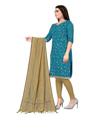 BLue Chanderi Cotton Embroidered Unstitched Dress Material 2