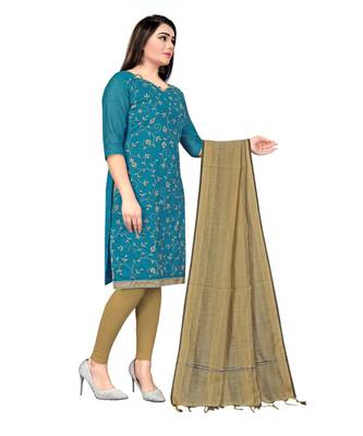 BLue Chanderi Cotton Embroidered Unstitched Dress Material 3