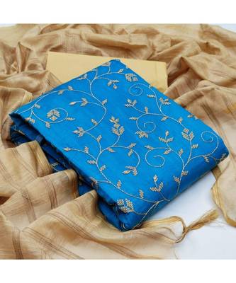 BLue Chanderi Cotton Embroidered Unstitched Dress Material 5