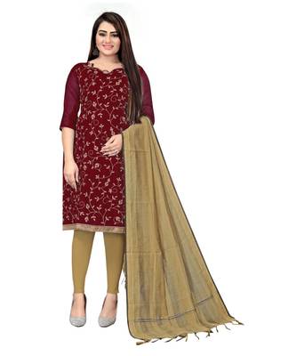 Maroon Chanderi Cotton Embroidered Unstitched Dress Material 1
