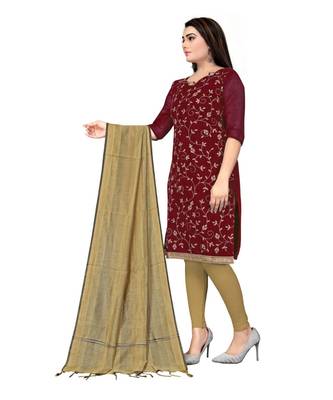 Maroon Chanderi Cotton Embroidered Unstitched Dress Material 2
