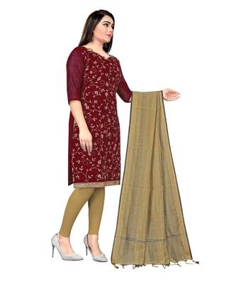 Maroon Chanderi Cotton Embroidered Unstitched Dress Material 3