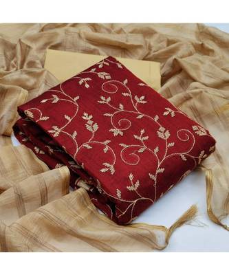 Maroon Chanderi Cotton Embroidered Unstitched Dress Material 5