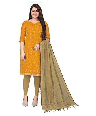 yellow Chanderi Cotton Embroidered Unstitched Dress Material 1