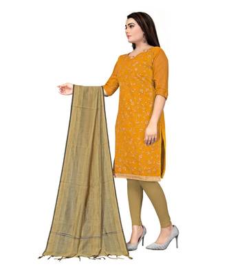 yellow Chanderi Cotton Embroidered Unstitched Dress Material 2
