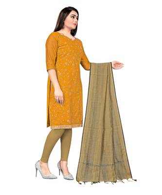 yellow Chanderi Cotton Embroidered Unstitched Dress Material 3