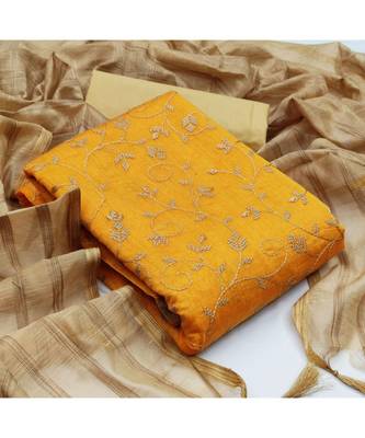yellow Chanderi Cotton Embroidered Unstitched Dress Material 5
