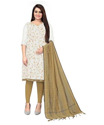 White Chanderi Cotton Embroidered Unstitched Dress Material 1