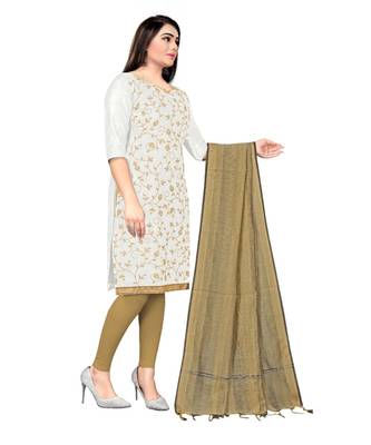 White Chanderi Cotton Embroidered Unstitched Dress Material 4