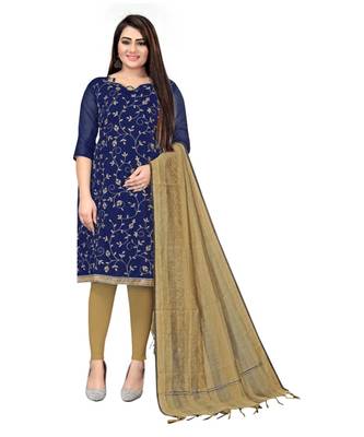 Navy Blue Chanderi Cotton Embroidered Unstitched Dress Material 1