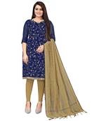 Navy Blue Chanderi Cotton Embroidered Unstitched Dress Material