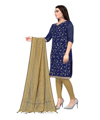 Navy Blue Chanderi Cotton Embroidered Unstitched Dress Material 3