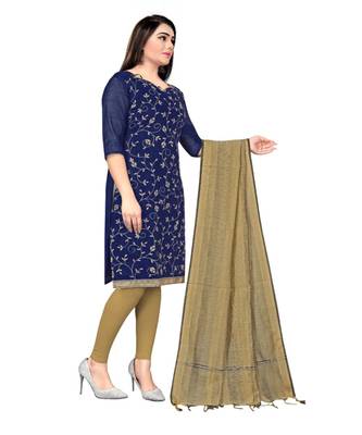 Navy Blue Chanderi Cotton Embroidered Unstitched Dress Material 4