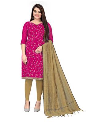 Pink Chanderi Cotton Embroidered Unstitched Dress Material 1
