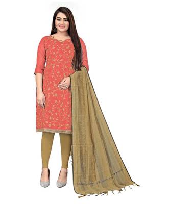 Peach Chanderi Cotton Embroidered Unstitched Dress Material 1