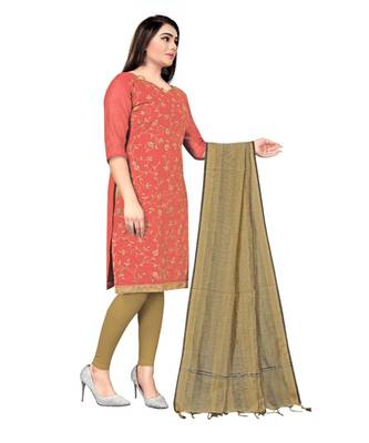 Peach Chanderi Cotton Embroidered Unstitched Dress Material 2