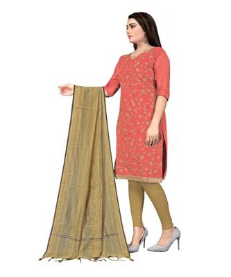 Peach Chanderi Cotton Embroidered Unstitched Dress Material 4