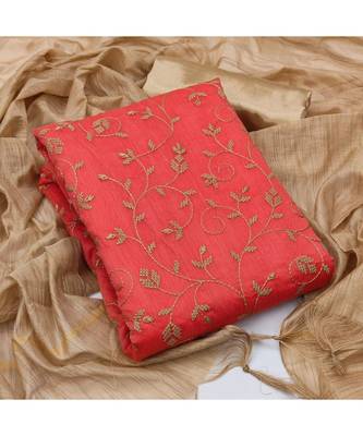 Peach Chanderi Cotton Embroidered Unstitched Dress Material 5