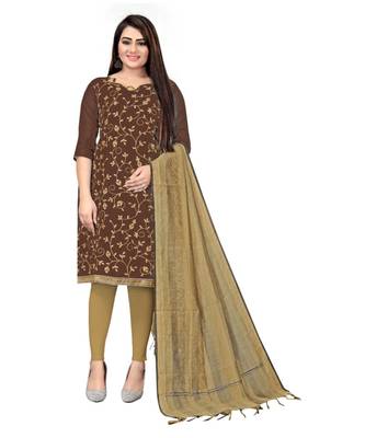 Brown Chanderi Cotton Embroidered Unstitched Dress Material 1
