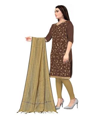 Brown Chanderi Cotton Embroidered Unstitched Dress Material 2